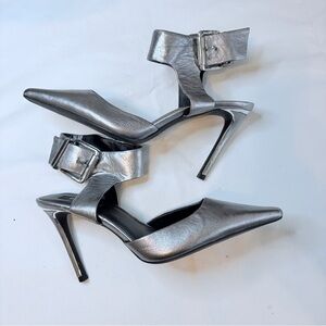 DKNY Shiny Silver Heels with Statement Buckle